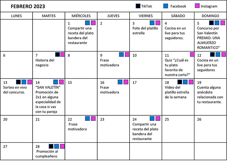 Ejercicio de calendario de redes sociales para caso hipotético de restaurante